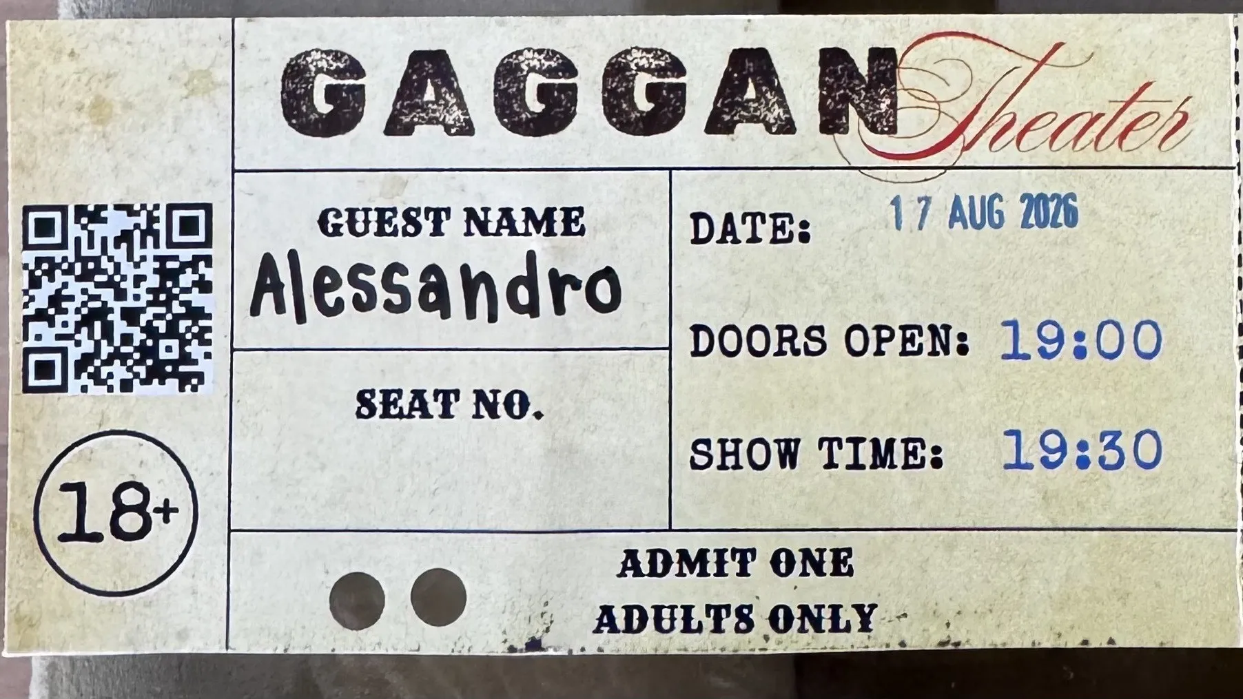 Il biglietto della serata Gaggan Theater: nome dell'ospite Alessandro, data 17 agosto 2026, Doors open 19:00, Show time 19:30, Admit one, Adults only.